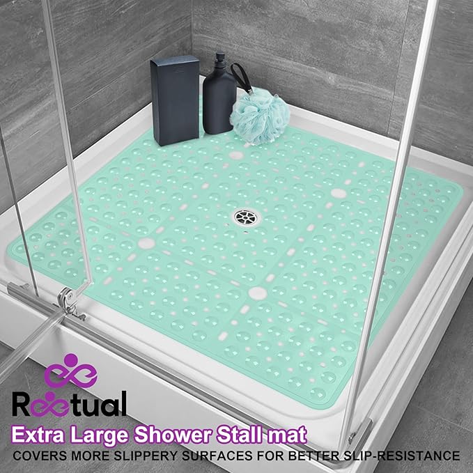 Reetual XL Shower Mat Non Slip - 27x27 Bath Mat for Shower Stall or Large Bathtub Mat with 240 Powerful Suction Cups and Drain Holes. Black Shower Mats for Bathroom (Aqua Green)