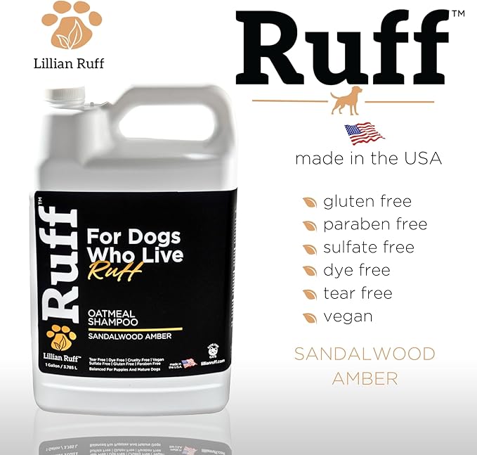Ruff by Lillian Ruff Oatmeal Dog Shampoo Sandalwood Amber – Moisturizing Pet Shampoo with Aloe & Coconut Oil – Relieves Itching, Hot Spots & Odor – Puppy Safe – Made in USA (Gallon with Pump)