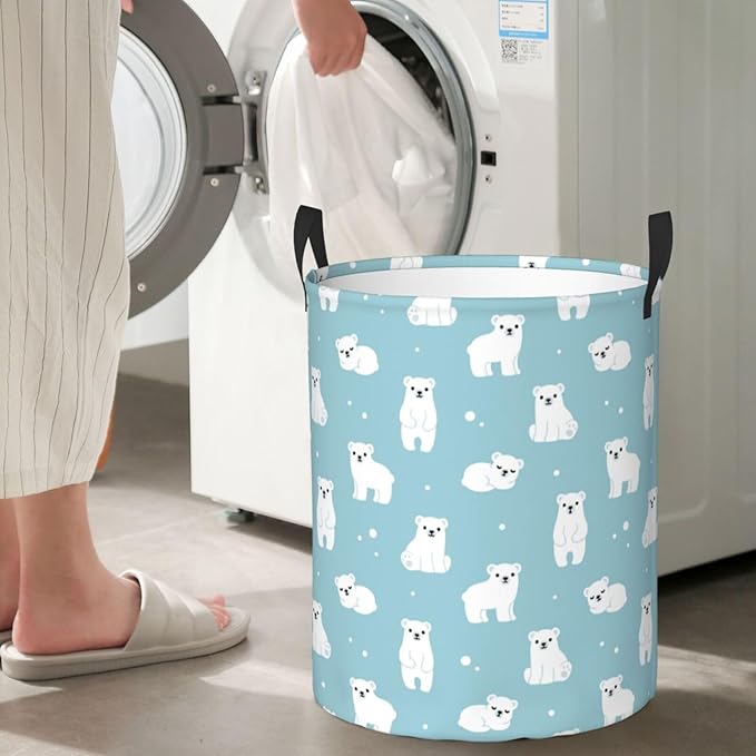 Cute Polar Bears Laundry Hamper Bag With Waterproof Liner - Round Laundry Basket Foldable Clothes Storage Organizer For Bathroom Bedroom Nursery Dorm, S-16.5"X 13.8"