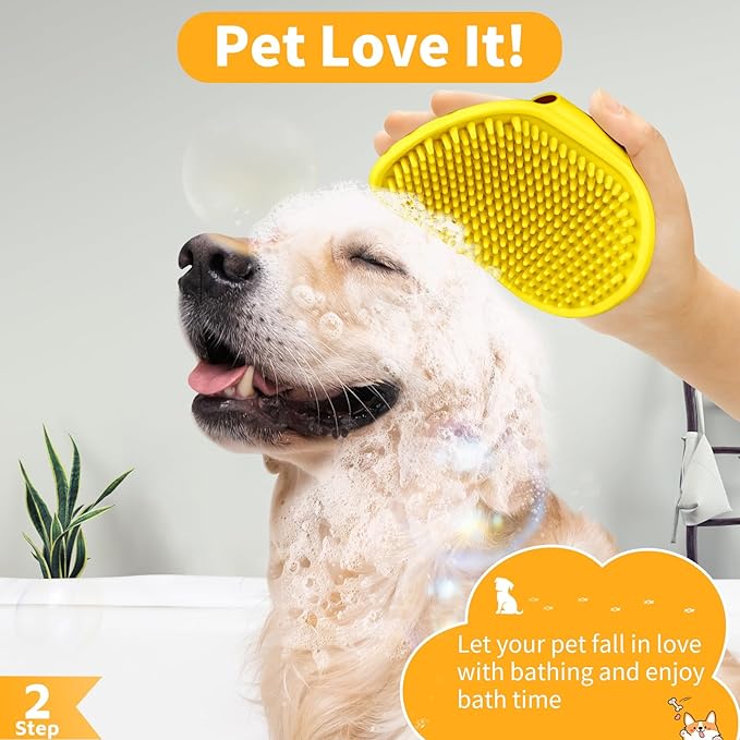 Comotech 6PCS Dog Bath Brush & Dog Toothbrush | Adjustable Handle Shampoo Brush & Scrubber for Short & Long Haired Dogs & Cats | Effectively Solve Odor & Stain Removal Problems (Orange Yellow Yellow)