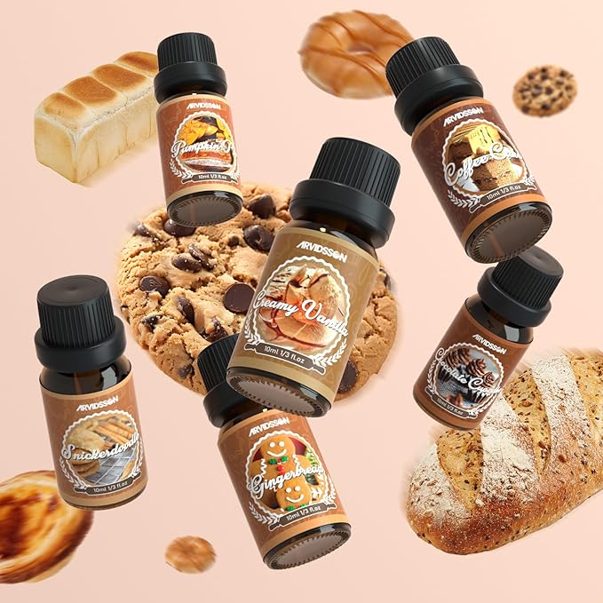 Bakery Fragrance Oils Set, ARVIDSSON Bakery Dessert Essential Oils for Candle Making, Pumpkin Pie, Snickerdoodle, Gingerbread, Creamy Vanilla and More, Cozy Fall Essential Oils for Diffuser