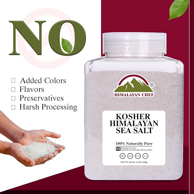 Himalayan Chef Kosher Sea Salt – Full Flavor, No Additives, unrefined and Less Sodium - Natural and Organic - 5 Pound Plastic Jar, Kosher & Non GMO Certified