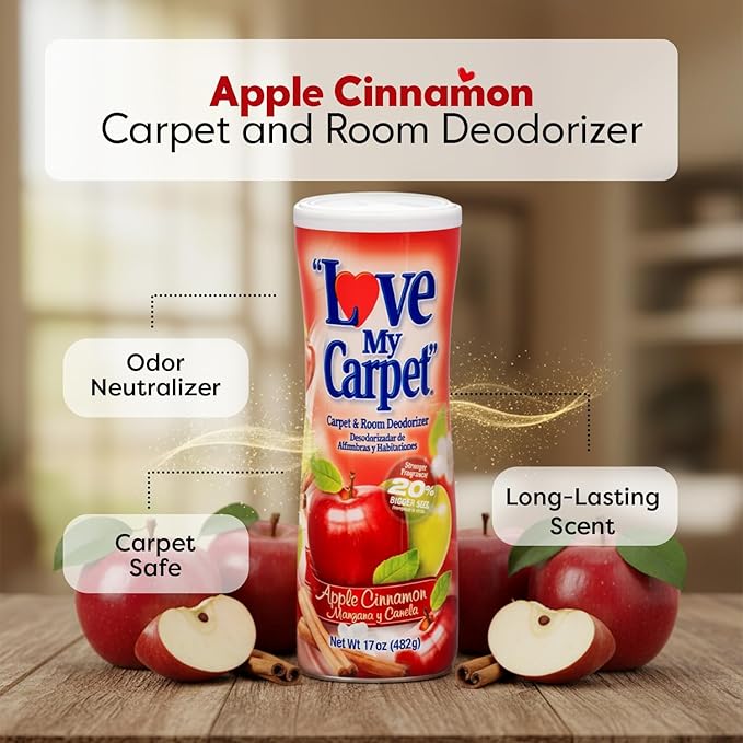 6 Love My Carpet | Carpet Deodorizer & Freshener Powder | 17 oz Pet Odor Eliminator for Strong Odor & Pet Urine | APPLE CINNAMON | Safe for Homes with Pets