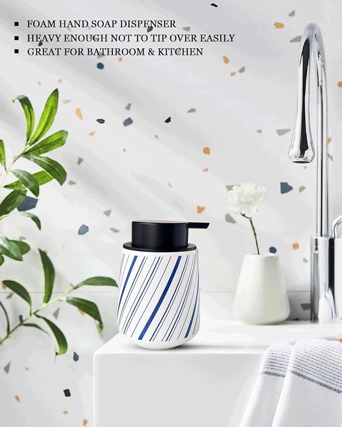 Chic Soap Dispenser Bathroom Ceramic Hand Foam Soap Dispenser for Bathroom Deco 12ounce Refillable Liquid Dispenser for Kitchen (Blue)