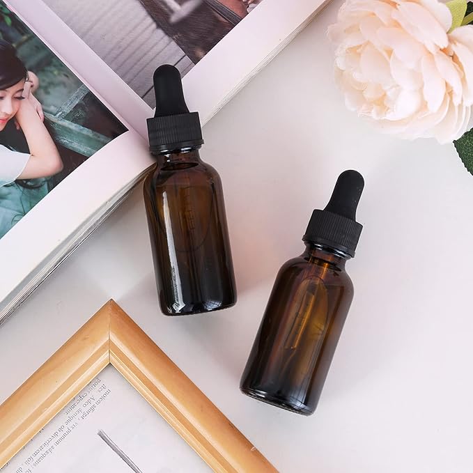2 oz Dropper Bottle 12 Pack Amber Glass Boston Bottles 30ml with Eye Droppers Black Caps for Essential Oils, Perfume, Leak Proof Travel Bottles for Liquids