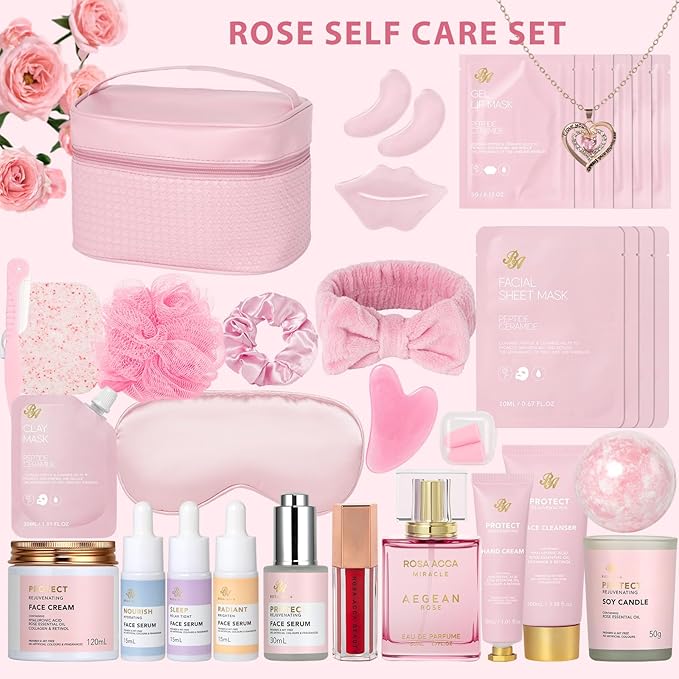 Rose Facial Skin Care Set, 33 Pcs Bath & Body Spa Basket for Women, Beauty Care Kit, Sheet Mask, Makeup Bag, Face Serum, Bath Bomb, Perfume, Christmas, Mother Day, Valentine's, Birthday, Baby Shower