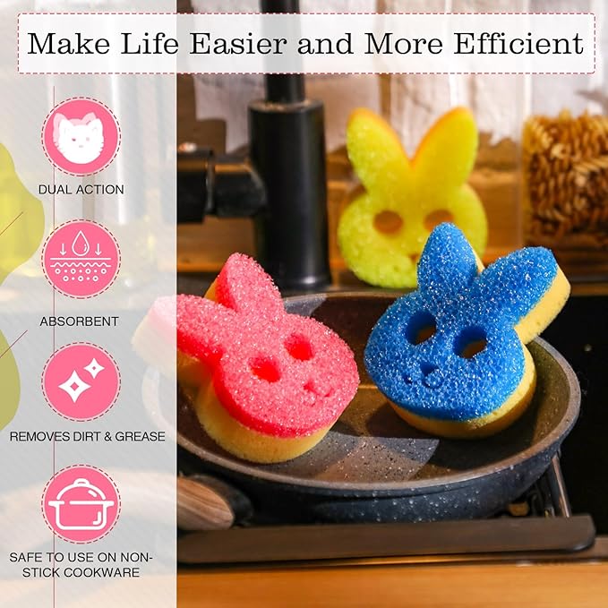 3 Pcs Dual Sided Scrub Sponge Multi Functional Cute Temperature Sensitive Non Scratch Dish Sponge for Washing Dishes Kitchen Bathroom(Rabbit)
