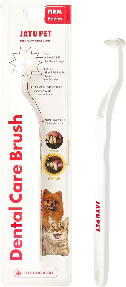 JAYU PET Dental Care Brush (Firm Bristles) 1ea - Resilient Dog Toothbrush, Cat Toothbrush for Tartar & Plaque Removal, Horizontal Head and S-Curved Body
