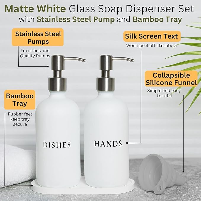 White Glass Hand and Dish Soap Dispenser Set - Modern Farmhouse Sink Accessories - 16 oz Kitchen Sink Set With Tray, Stainless Pumps & Funnel