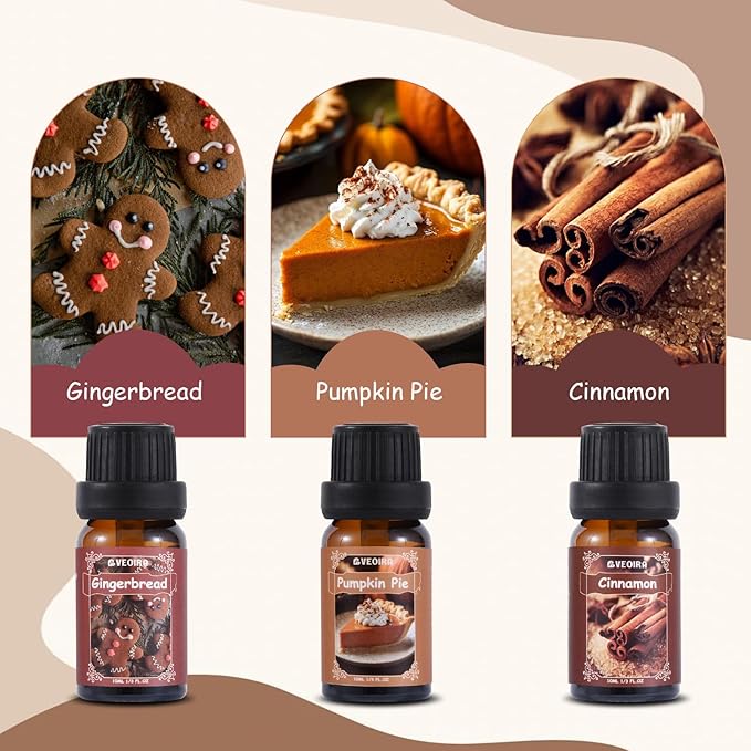 Spice Fragrance Oils Set, AVEOIRA Fall Essential Oil Set for Diffuser, Candle, Soap Making, Nutmeg, Pumpkin Spice, Vanilla, Cinnamon, Spiced Cider, Gingerbread, Scented Oils, 6x10ml
