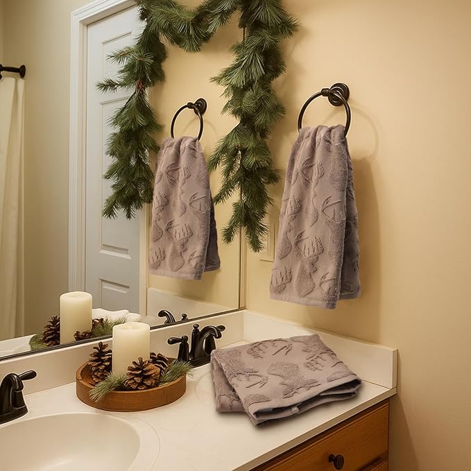 2 Pcs Deer Hand Towels for Bathroom, Rustic Cabin Elk Moose 100% Cotton Absorbent Jacquard Weave Brown Decorative Towels for Bathroom Kitchen Decor Gift, 13.7 x 29.5 Inch