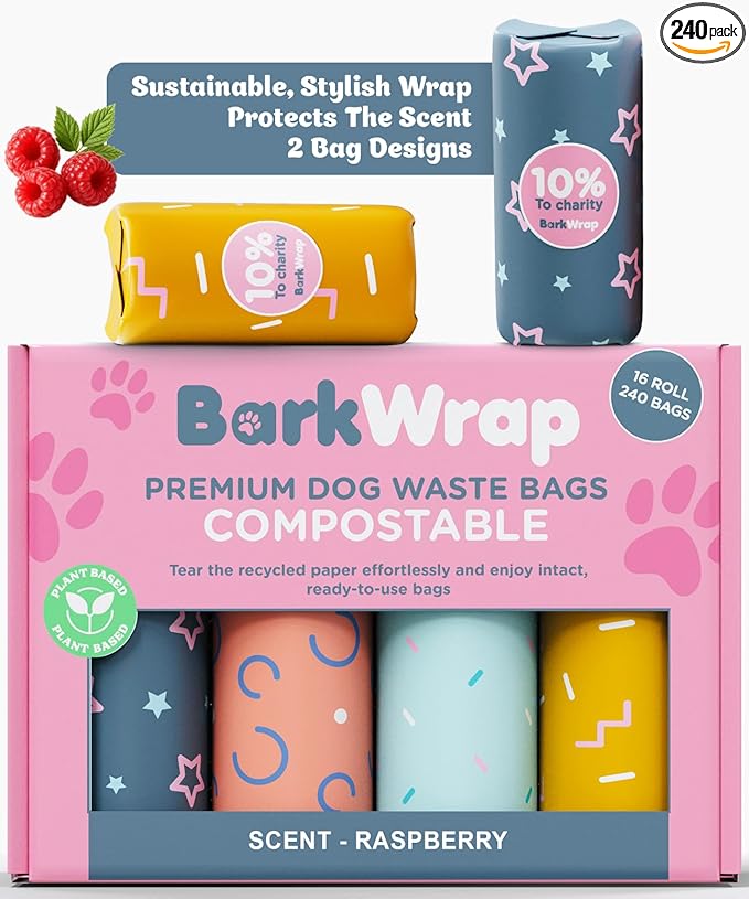 240 Biodegradable Dog Poop Bags Rolls Raspberry Scented Extra Thick Compostable Waste Doggie Pet Bulk Leak-Proof Bag - 100% Certified Home with Beautiful Colorful Design and Easy Open Compliant