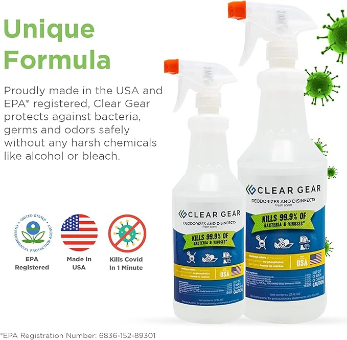 Clear Gear Gym Disinfectant, Yoga Mat Cleaner, Deodorizer For Sports Equipment, Gyms, and Fitness Centers - Mixed Pack - 16 Oz and 32 Oz Bottle Hospital grade Disinfectant Spray Pack