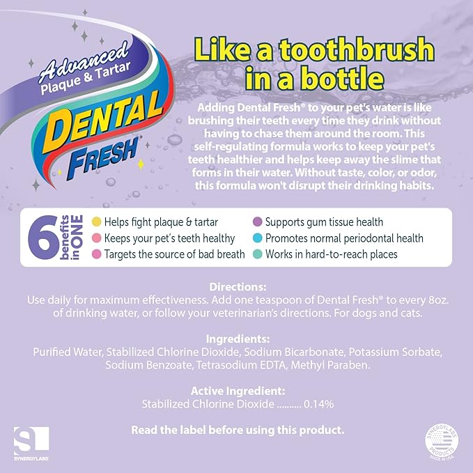 Dental Fresh Advanced Plaque and Tartar Water Additive, 32oz – Dog Teeth Cleaning Formula to Freshen Breath and Improve Cat & Dog Dental Care