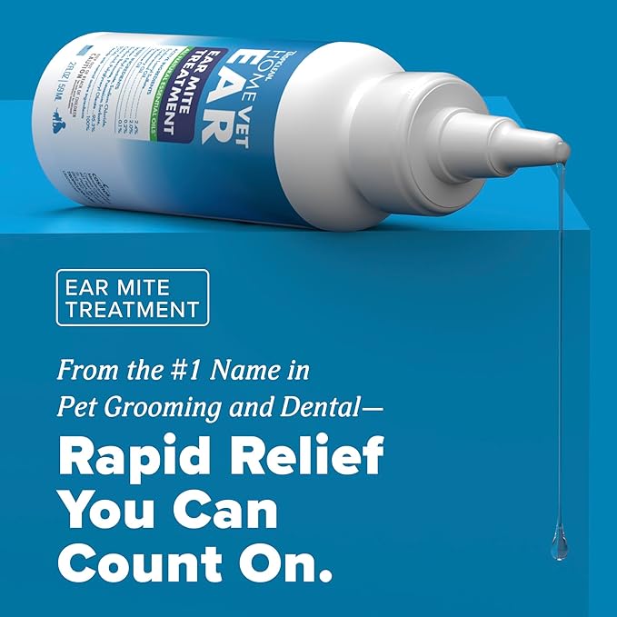 TropiClean HomeVet Dog Ear Cleaner, Ear Mite Treatment for Cats & Dogs, Ear Cleaning Solution Rinses on Contact, USA Made, 2 oz