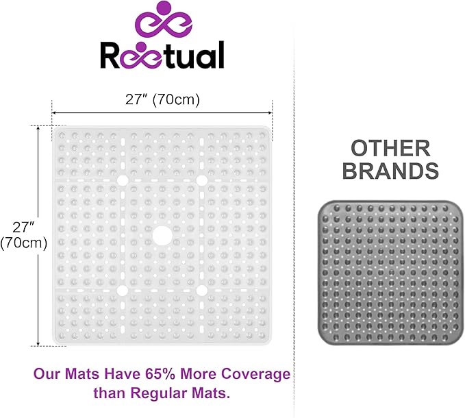 Reetual XL Shower Mat Non Slip - 27x27 Bath Mat for Shower Stall or Large Bathtub Mat with 240 Powerful Suction Cups and Drain Holes. Black Shower Mats for Bathroom (Square White)