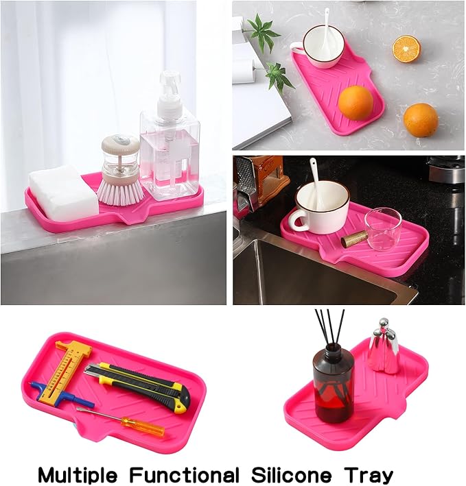 Silicone Bathroom Soap Dishes with Drain Spout-Bathroom and Kitchen Sink Organizer,Sponge Holder,Dish Soap Tray,Perfect for Dispenser,Scrubber,Bottle,Cup on Sink or Counter-Rose 9.6"×5.3"