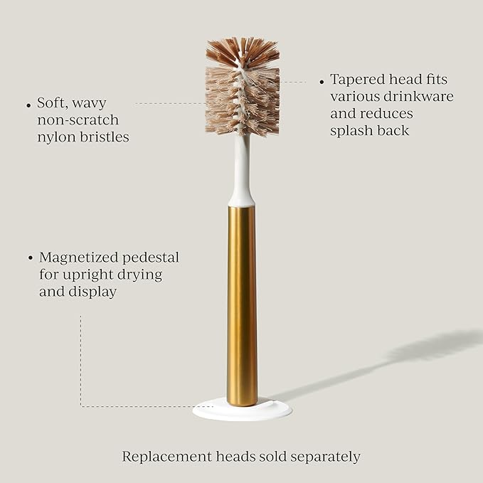 Ionic Bottle Brush, Magnetized to Stand Upright, Stainless Steel with Replaceable Head, Brass/Gold