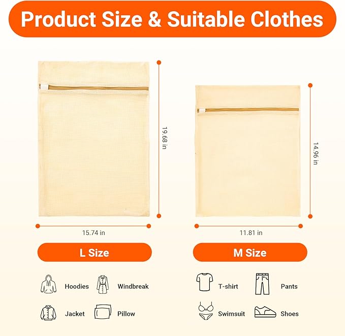 3Pcs Mesh Laundry Bags for Delicates, Durable Organic Cotton Mesh Wash Bags, Sturdy Zipper Laundry Bag for Lingerie, Clothes, Shoes, Socks, Medium