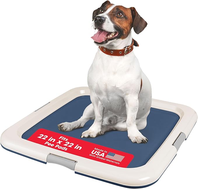 IRIS USA Pee Pad Holder - For Potty Training Regular Sized Dog & Puppy Pee Pads, Secured Latches, Non-Skid Feet, Leak Protection, Fits 22"x22" Pad or Larger, Square, Navy