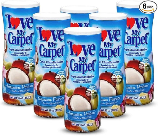 6 Love My Carpet | Carpet Deodorizer & Freshener Powder | 17 oz Pet Odor Eliminator for Strong Odor & Pet Urine | HAWAIIAN PASSION | Safe for Homes with Pets