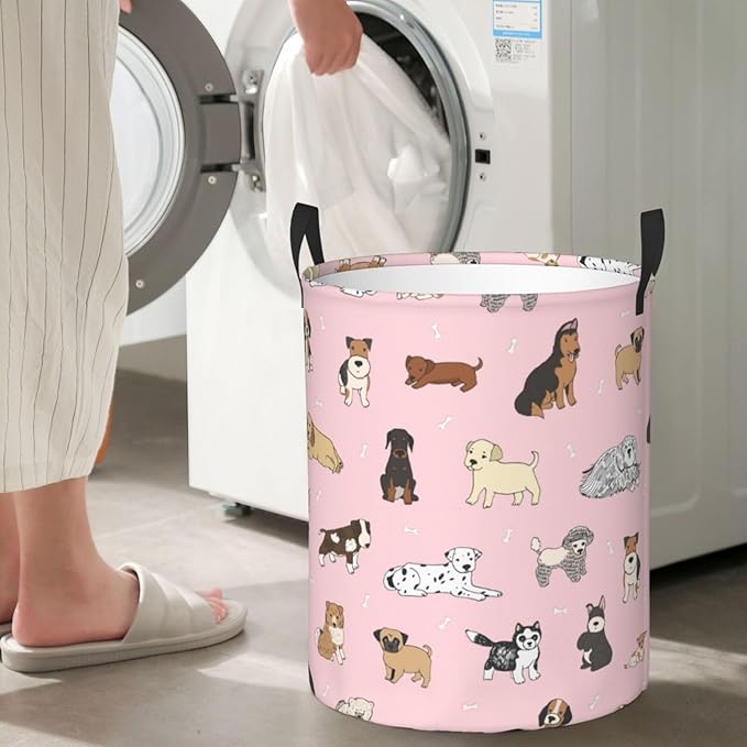Cute Dogs Pink Laundry Hamper Bag With Waterproof Liner - Round Laundry Basket Foldable Clothes Storage Organizer For Bathroom Bedroom Nursery Dorm, S-16.5"X 13.8"