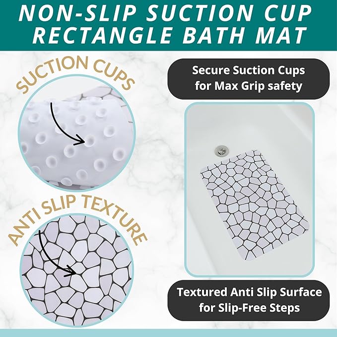 ENKOSI Bath Mat for Tub and Shower Floors - Non Slip Shower Mat – Anti Slip Bathtub Mat with Strong Suction Cup Grip – Soft, Pebble Print Bathroom Mat for Inside Bath and Showers (28x16 Pebble)