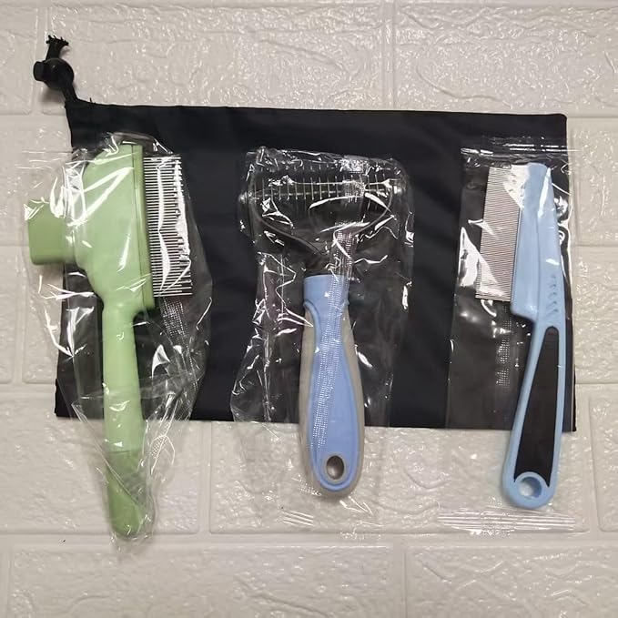 3 Pcs Flea Comb For Cats Dogs Self Cleaning Pet Hair Removal Tool Flea Lice Comb Grooming Brush For Shedding Indoor Kittens With Release Button Long And Short Stainless Steel Metal Teeth.