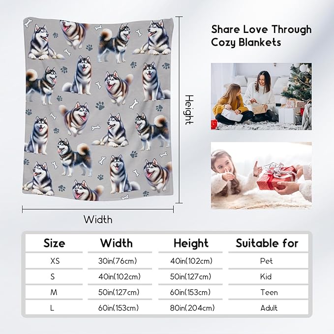 Husky Blanket for Adults - Dog Theme Gifts for Kids Dog Mom Dad - Warm Plush Throws Decor with Husky Print (50"x60")