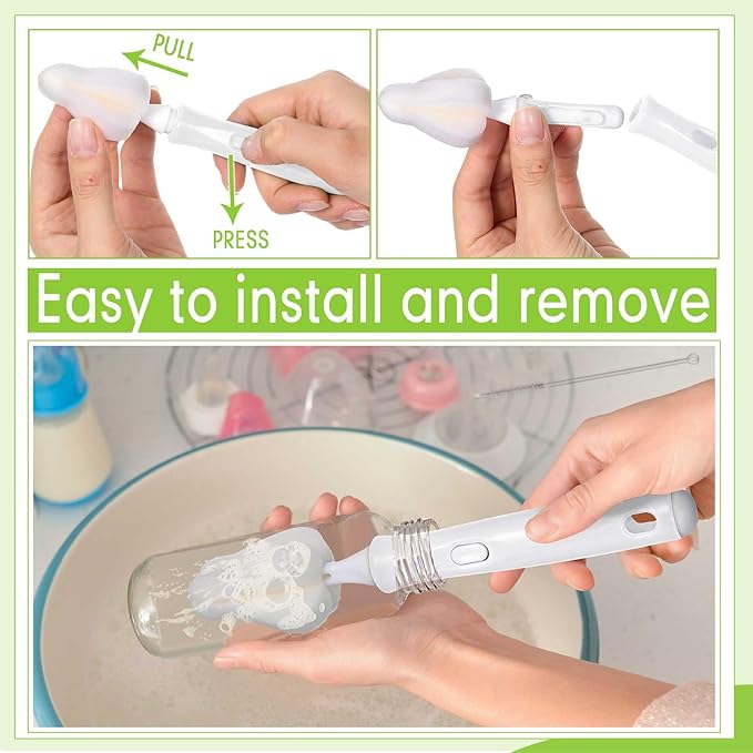 22 Pcs Sponge Bottle Nipple Brushes Set Including 12 Pcs Bottle Sponge Brush Heads 6 Interchangeable Nipple Brush Handles and 4 Long Straw Brushes for Baby Bottles (White and Green Handle)