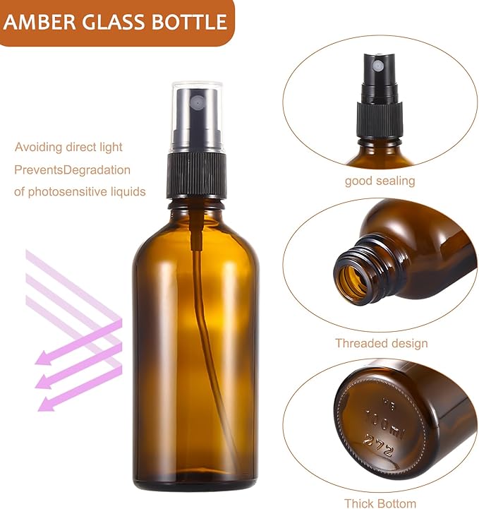 3.4oz Amber Glass Spray Bottles,Empty Fine Mist Refillable Travel Spray Bottle for Cleaning,Perfume,Aromatherapy,Cosmetic Sprays,Hair,Essential Oils with Fine Mist Dispenser（3 Pack）