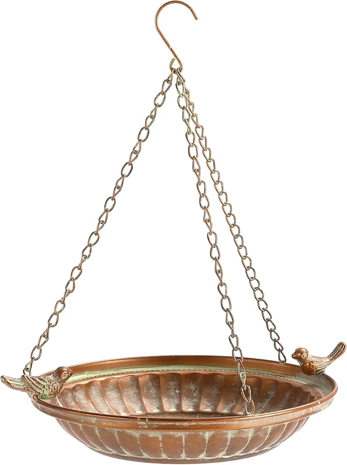 Iron Hanging Bird Baths for Outdoors - Copper Color Hanging BirdBath Basin - Bird Feeder Bowl Plate Tray for Outside Garden Patio Decoration - 11 Inches