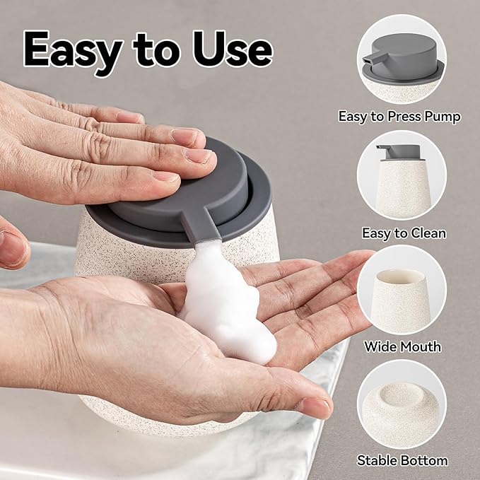 Ceramic Foaming Soap Dispenser - 12 Oz Beige Foam Hand Soap Dispenser for Bathroom, Hand Wash Dispenser Bottle with Grey Foam Pump, Minimalist Refillable Dish Dispenser for Kitchen