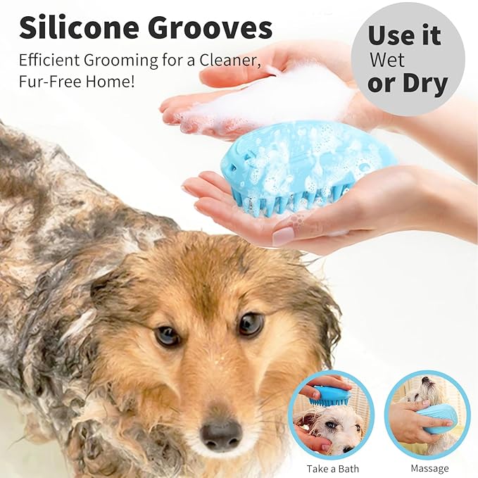 Bath Brushes for Pet Grooming & Massage,Rubber Scrubbing Brush for Dogs,Pet Silicone Shampoo Brush,Ideal for Long & Short Haired Dogs and Cats, Essential Puppy Accessory,Blue