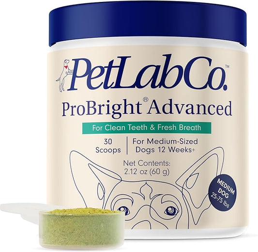 PetLab Co. ProBright Advanced Dental Powder - Dog Breath Freshener - Teeth Cleaning Made Easy – Targets Tartar & Bad Breath - Packaging May Vary - Formulated for Medium Size Dogs