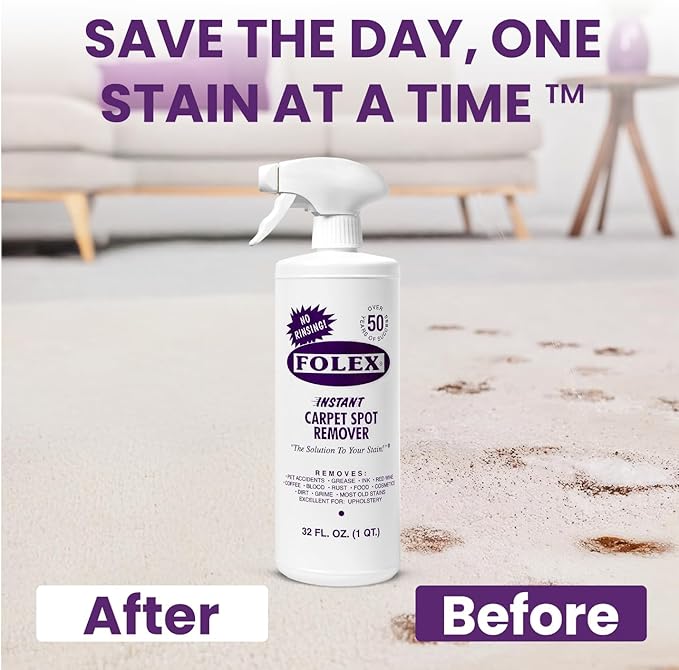 FOLEX 32 oz Instant Carpet Spot Remover Carpet Cleaner with Reusable Cleaning Cloth - Removes Pet Accidents, Grease, Red Wine and More (1 Pack + Refill)