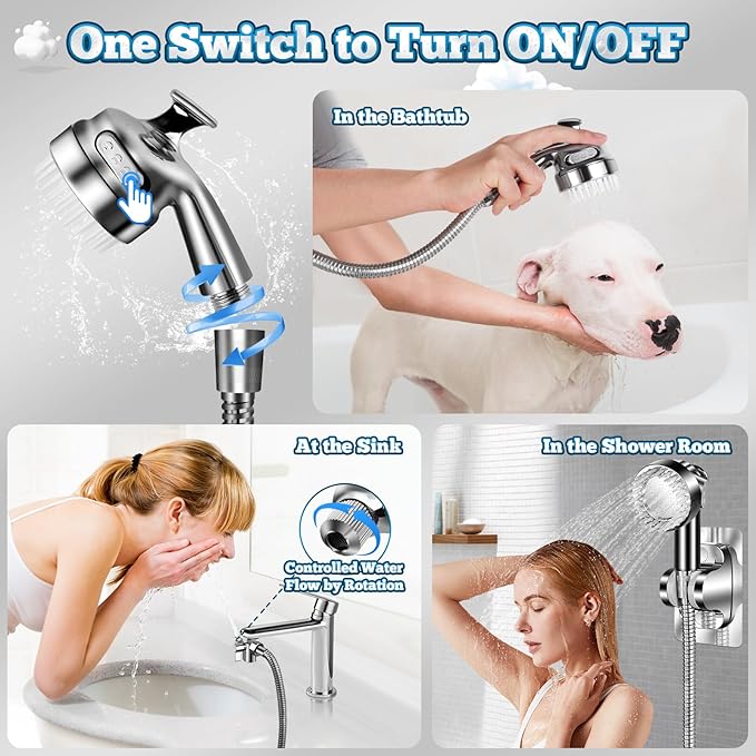 Dog Shower Attachment Set, 6.6 Ft Stainless Steel Pet Shower Hose with 3-Way Diverter Valve & Grooming Sprayer for Easy Pet Bathing – Includes Sprayer Nozzle, Holder, Adapters, & Grooming Gloves