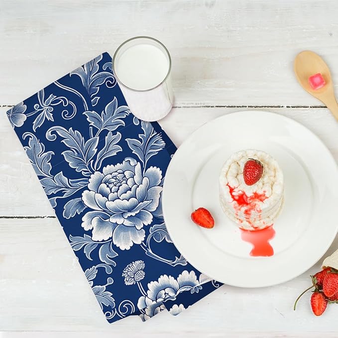 4 Pcs Artistic Floral Kitchen Towels, Traditional Decorative Absorbent Microfiber Dish Cloth Tea Towel, Porcelain Waffle Soft Hand Towels for Farmhouse Home Kitchen, Housewarming Gifts