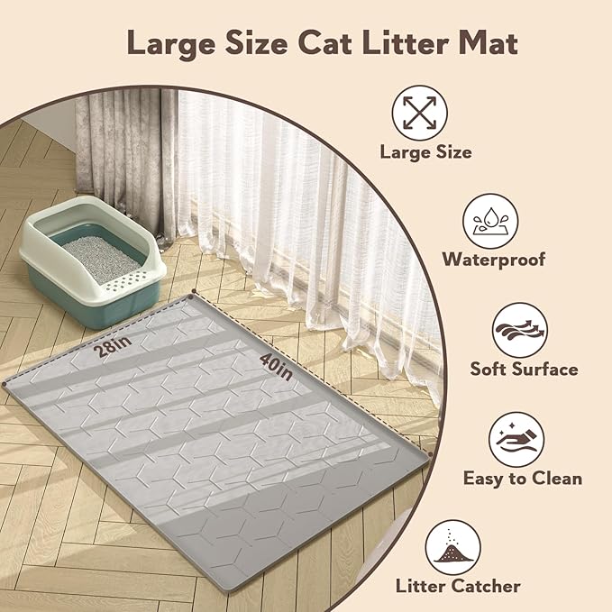 Cat Litter Box Mat, Large 40" X 28" Litter Trapping Mat for Cats, Waterproof Silicone Pad for Floor, Gray