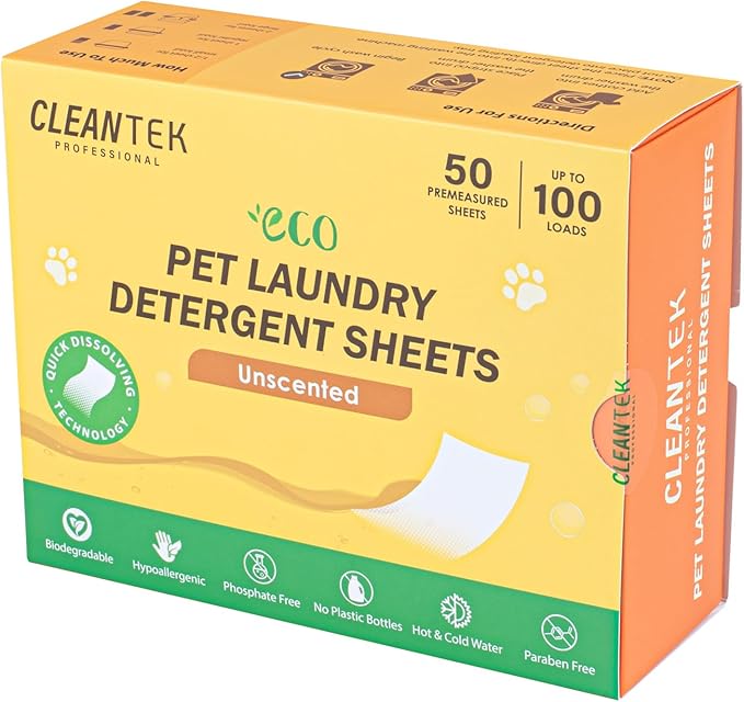 Restaurantware-Clean Tek Professional Detergent Laundry Sheets 50 Pet Cloth Laundry Soap Sheets-Up to 100 Loads, Hypoallergenic, Garment Cleaning Detergent Strips, Suits All Fabrics and Temperatures