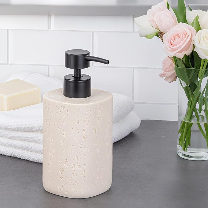 2 Pack Beige Resin Soap Dispensers, Refillable Liquid Lotion Dispenser Bottles with Travertine-Look for Bathroom and Kitchen Countertop, Modern Stone Texture (10.8 oz)