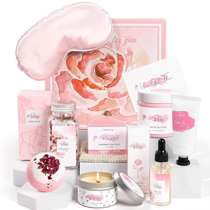 Mother's Day Gifts，Rose Spa Gifts Set, Bath Gifts Set for Women, Relaxing Spa Gift Basket for Women, Self Care Package, Home Spa Products, Birthday Gifts for Mom Mother's Day (Rose)
