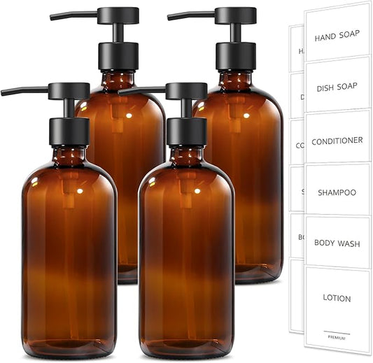 GMISUN Amber Glass Soap Dispenser, 4 Pack Bathroom Hand Soap Dispensers with Stainless Steel Flat Pump, 17 Fl Oz Kitchen Dish Soap Dispenser, Modern Vintage Liquid Brown Soap Dispensers Bottle Set