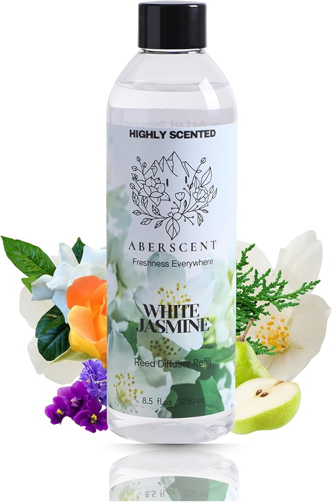 White Jasmine Aberscent Premium Reed Diffuser Oil Refill (8.5 Fl Oz/250ml) – Long-Lasting Fragrance Oil for Home, Office & Spa – Relaxing Scent, Luxury Hotel-Style Aroma