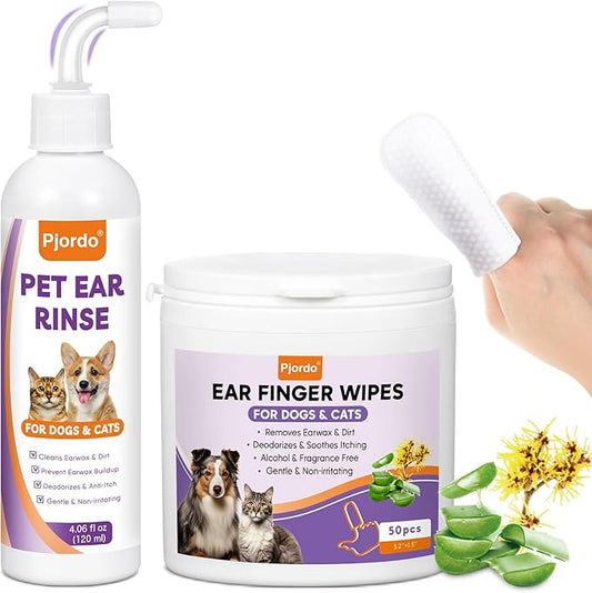 Dog Ear Cleaner Kit - Dog Ear Finger Wipes and Ear Cleaner Solution for Dogs and Cats, Gently Remove Ear Wax & Debris, Soothe Ear Itching, Deodorize, Pet Ear Wash with Aloe Vera & Witch Hazel