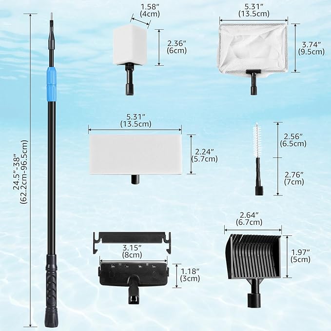 AquaMiracle 6 in 1 Aquarium Cleaning Tool Kit Fish Tank Cleaning Kit for 20-160 Gallon Tank with Telescopic Long Handle, Algae Scraper, Scrubber Pads, Tube Cleaner, Fish net, Gravel Rake