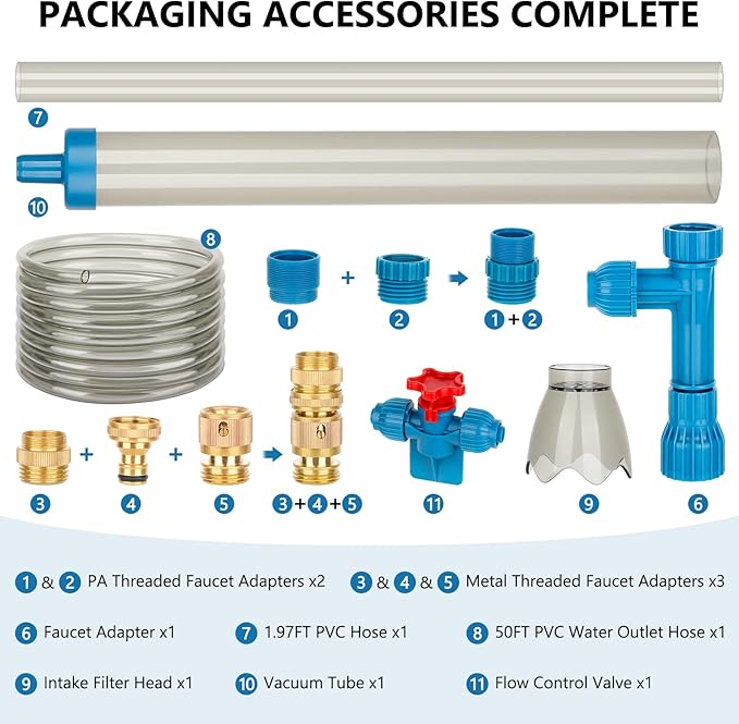 fishkeeper 50FT Aquarium Gravel Vacuum Water Changer - Flow Adjustable Faucet Universal Siphon Quick Pump with 6 Adapters, Bucket-Free Fish Tank Cleaning Tools for Drain & Fill (2025 New)