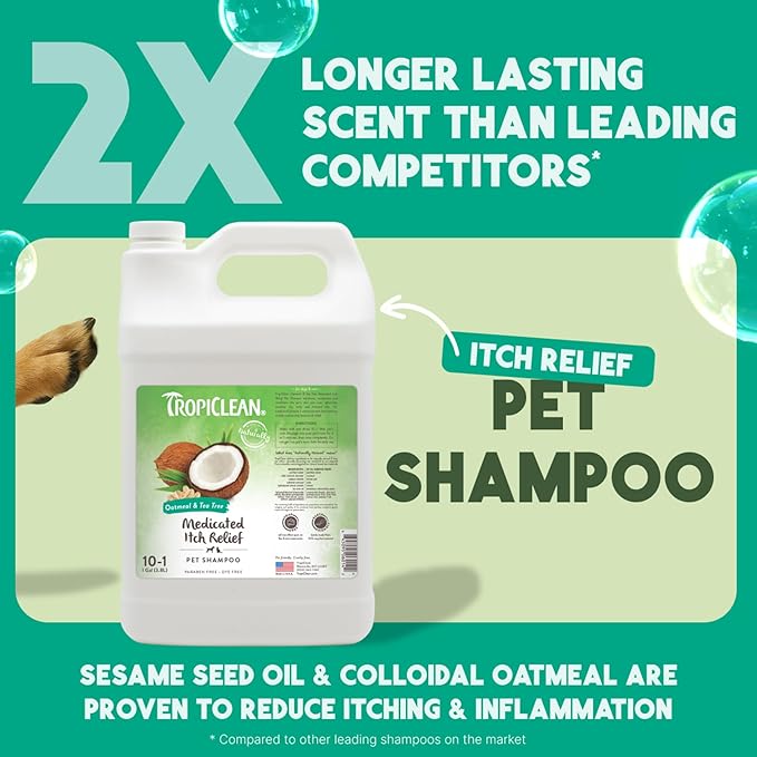 TropiClean Oatmeal Dog Shampoo for Itchy Skin Relief, Professional Dog Shampoo, Soothing Medicated Itch Relief, Puppy Safe, Made in USA, 1 Gallon