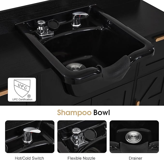 BarberPub Portable Shampoo Station, Shampoo Bowl with Cabinet & Drawer, Salon Geometric Finish Station with Sprayer Faucet, Barber Storage Equipment with Hair Wash Backwash Sink 3439 (Black)