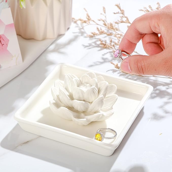 PUDDING CABIN White Lotus Ring Holder Dish, Jewelry Holder for Rings Earrings Necklace Bracelets Organizer, Birthday Wedding Christmas White Valentine's Day Gifts for Women Her